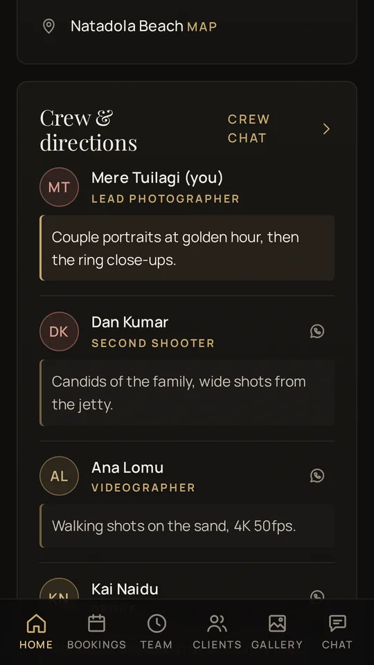 Crew and directions for a beach engagement shoot in Shoot Organiser