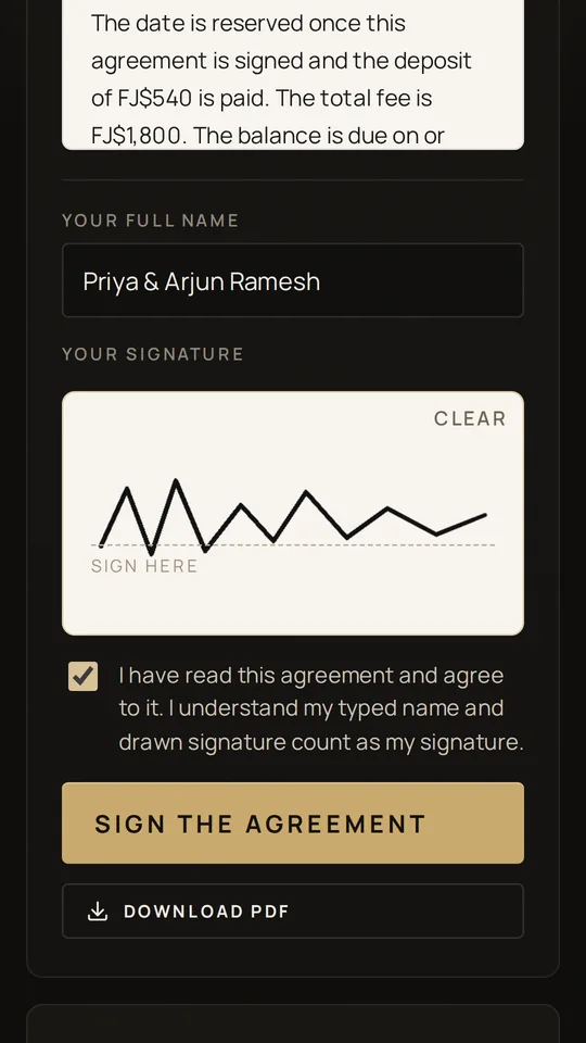 A client signing the photography agreement with their finger