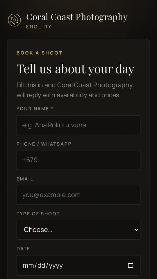 The studio's enquiry form a client fills in on their phone